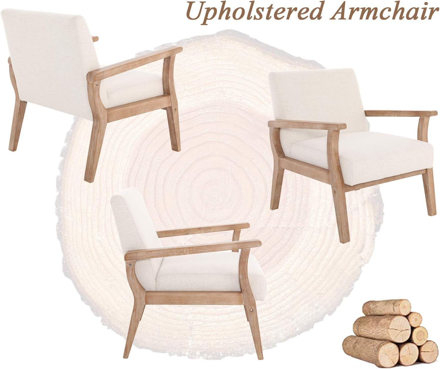 Mid Century Modern Accent Chair Beige Linen Armchair | Solid Wood Frame, Side Chairs for Living Room, Bedroom, Upholstered Sitting Chair, Comfortable Chair