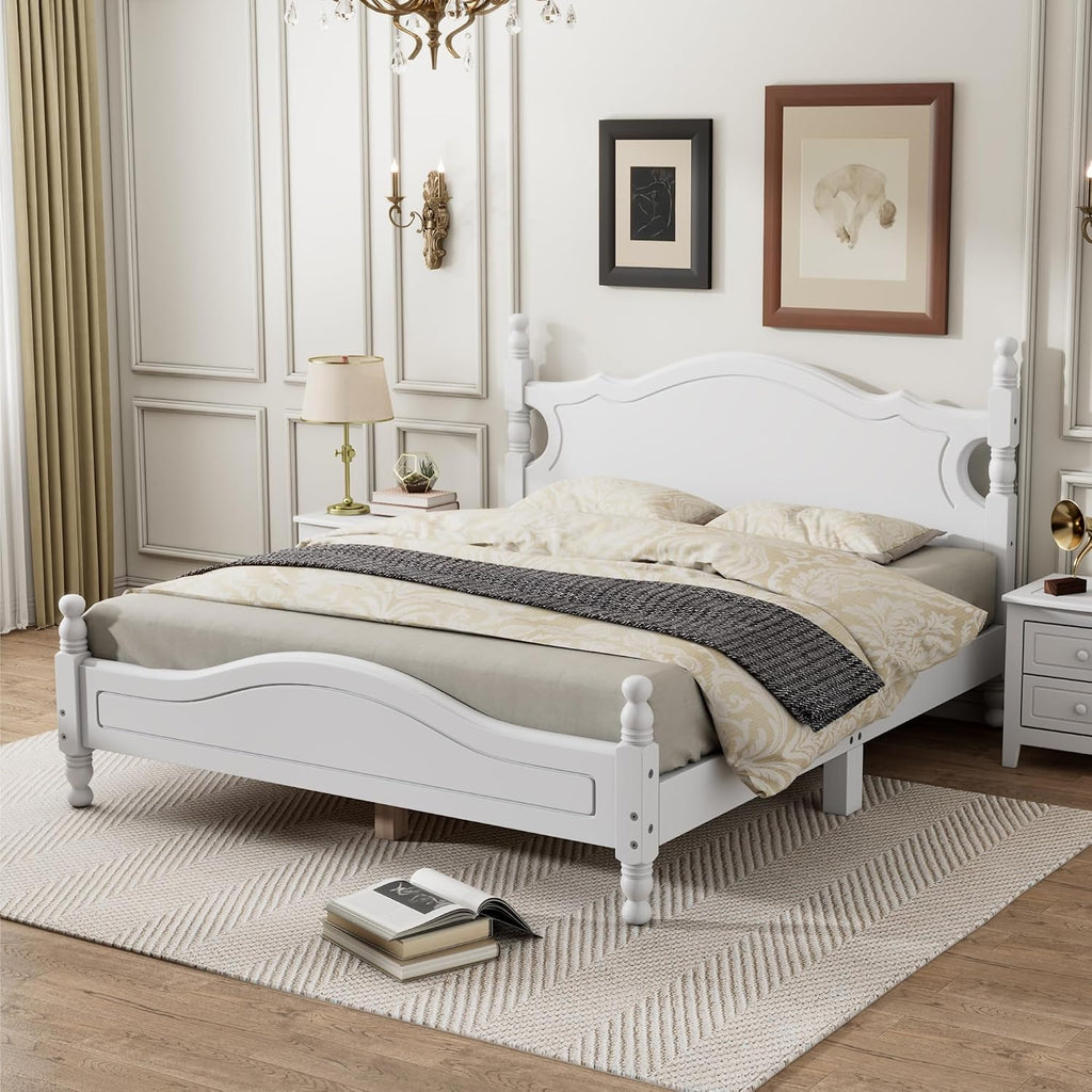 Modern Farmhouse Wood Platform Bed with Headboard, Queen Bed Frame with Wood Slat Support White