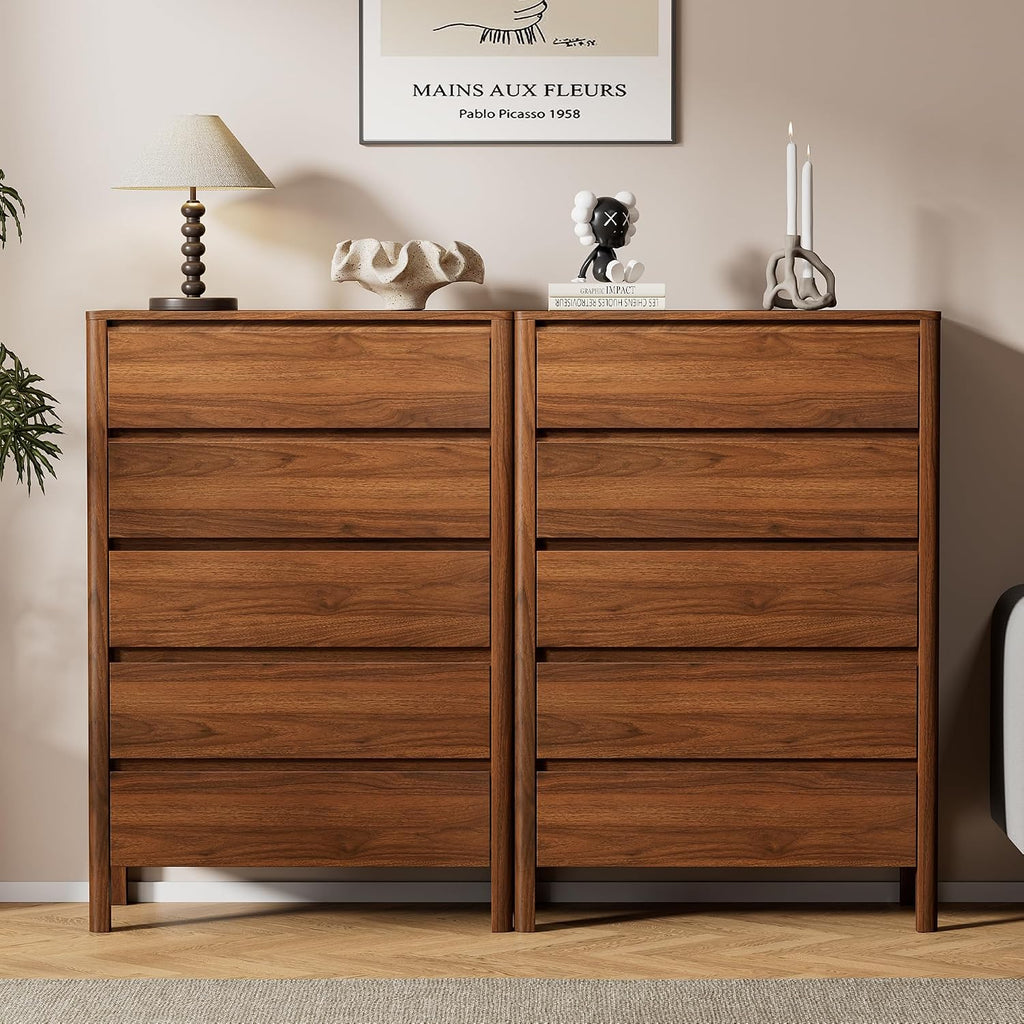 Walnut Dresser for Bedroom, 5 Drawer Dresser with Wood Legs, Tall Wood Dresser, Mid Century Modern Chest of Drawers, Large Storage Bedroom Furniture, Walnut