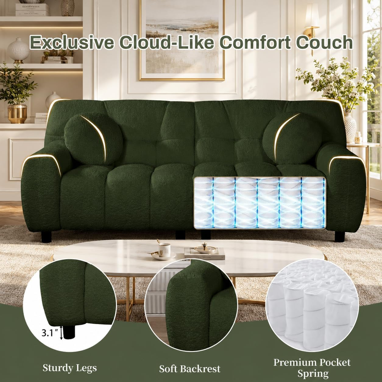 72.8" Cloud Couch Sherpa Modern Loveseat Comfy Boucle Sofa, Green | Boucle Sofa Modern Cloud Couch Comfy Loveseat, Deep Seat Sherpa Tufted Couches for Living Room, Office, Bedroom