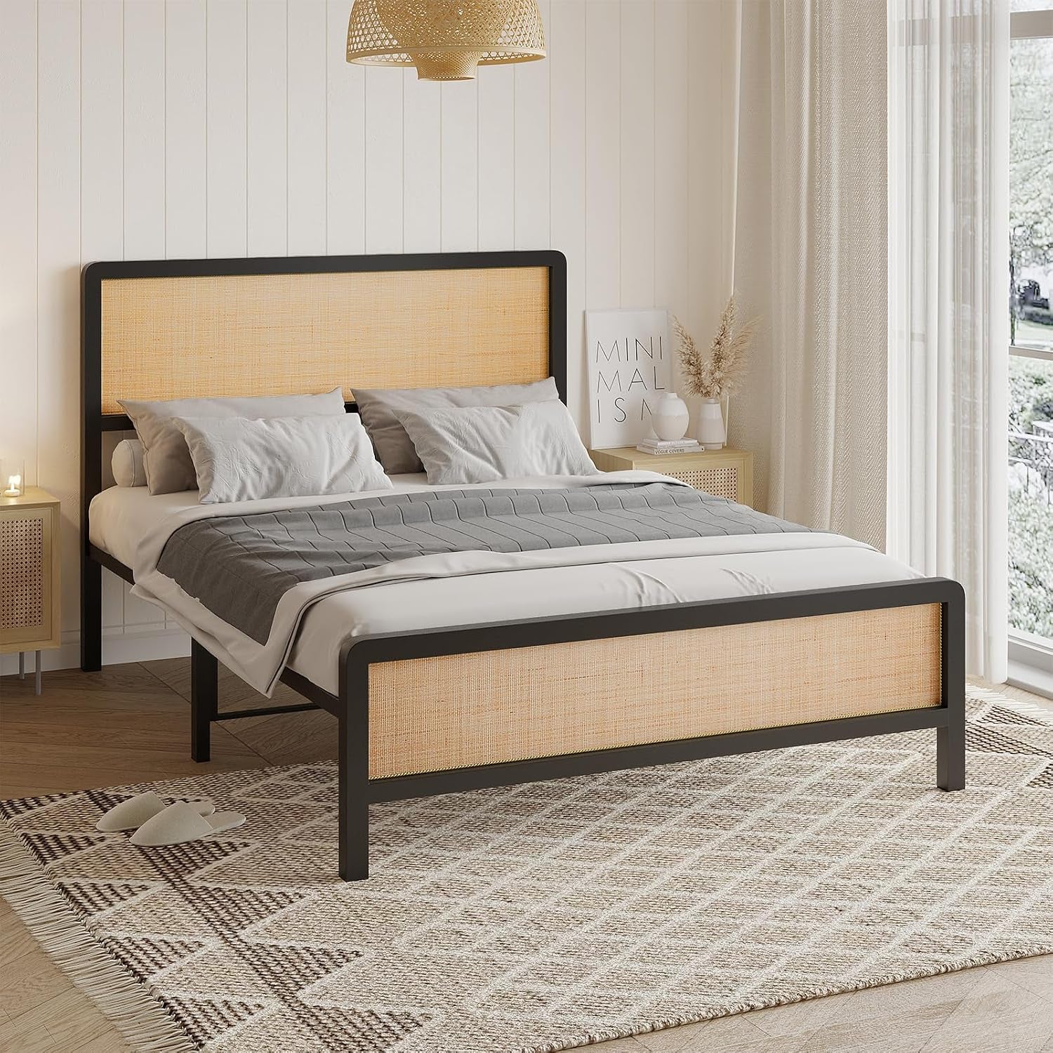 Boho Rattan Queen Size Bed Frame with Headboard & Footboard, Sturdy Black Metal Platform Bed, Natural Rattan Headboard, Under-Bed Storage, No Box Spring Needed, Noise-Free Slat