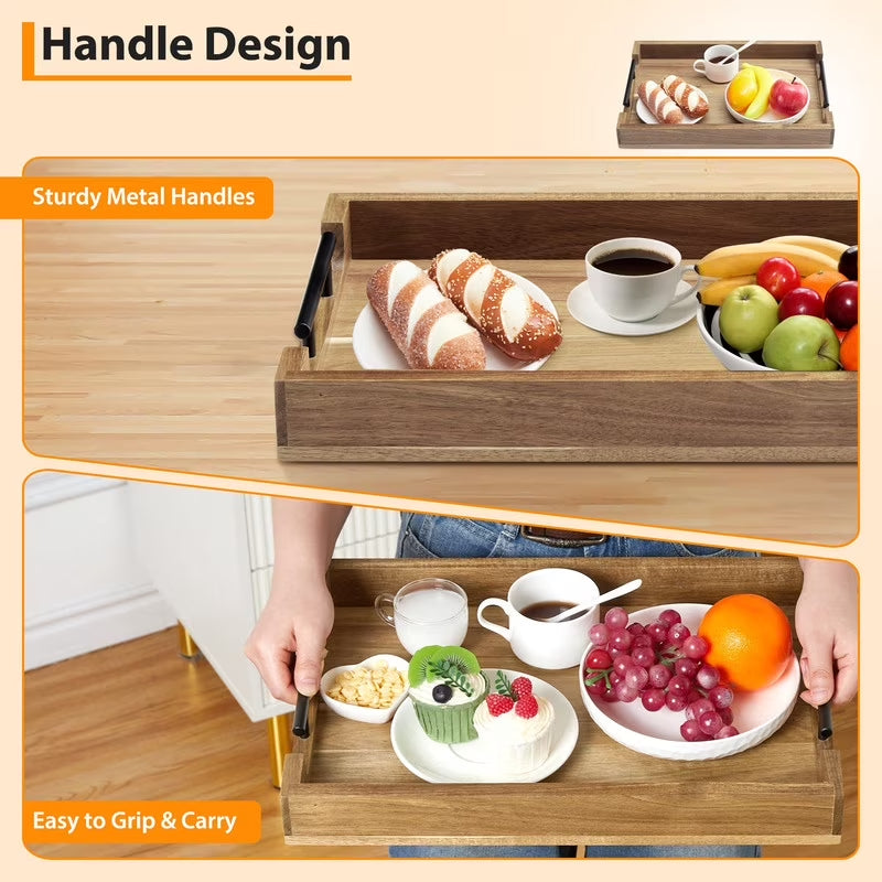 Acacia Wood Serving Tray with Metal Handles, 17X12 Inch Decorative Ottoman Tray for Coffee Table, Breakfast in Bed Tray, Multipurpose Serving Tray for Living Room, Kitchen, Bar