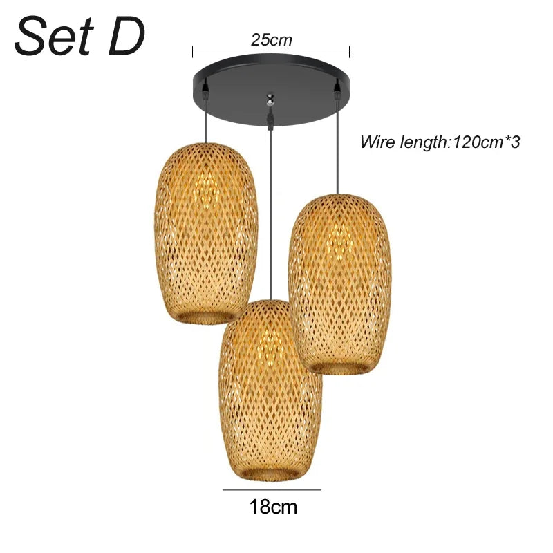 3 Pcs Lustre Rattan Wicker Lamp Shade Pendant Light Bamboo Ceiling Chandelier Set Suspended Luminaire Handmade Home Room Decor