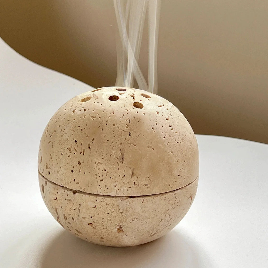 Travertine Marble Incense Burner Textured Spherical Aromatherapy Stone Bowl Frankincense Zen Decor for Meditation Spaces Home