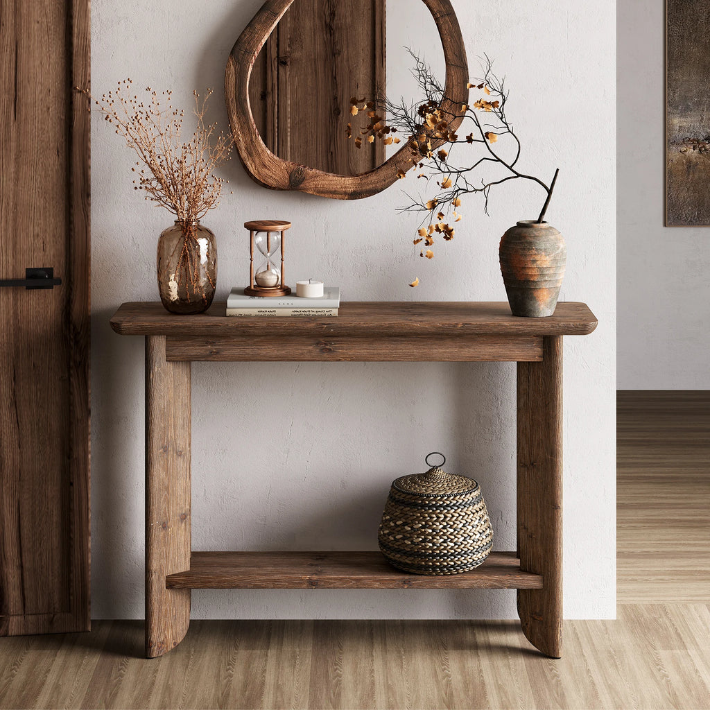 41.3 Inches Sofa Table, Solid Wood 2-Tier Console Table for Living Room, Modern Sofa Table behind Couch, Hallway Foyer Table, Walnut