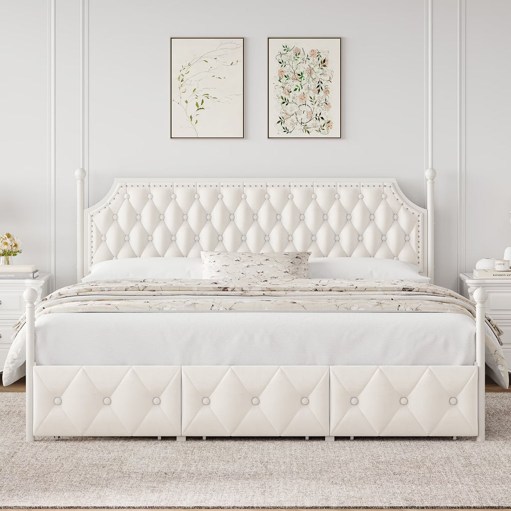 King Bed Frame with 3 Drawer, Canopy Bed Frame with Storage & Upholstered Headboard for Bedroom, Curtain Not Included, Beige