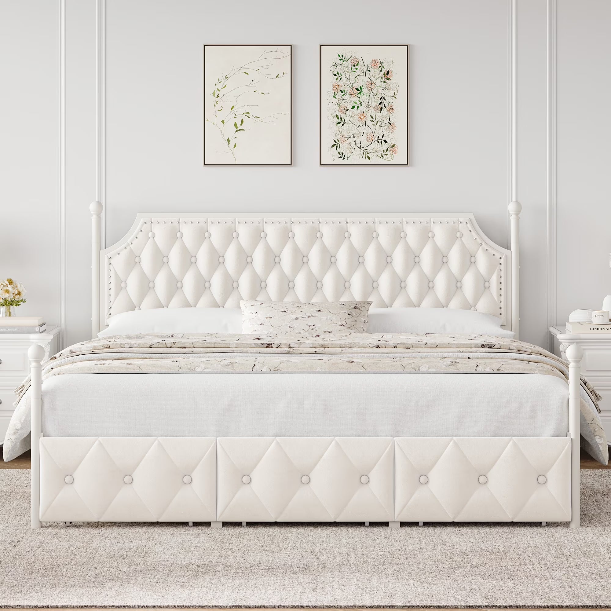 King Bed Frame with 3 Drawer, Canopy Bed Frame with Storage & Upholstered Headboard for Bedroom, Curtain Not Included, Beige