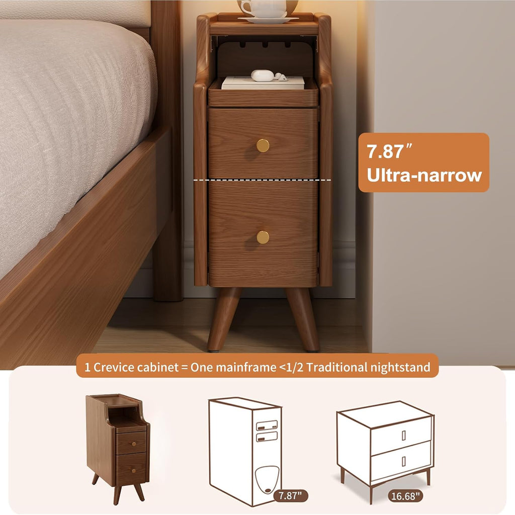 Narrow Nightstand with Drawers, Wood Bedside Table, Small Walnut Nightstand Set of 2