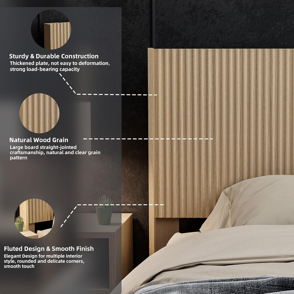 Wooden Queen Size Headboard Only, 64.5" Wide Farmhouse Headboards with Wall Mounted Fluted Panel & Wingback for Bedroom, Oak