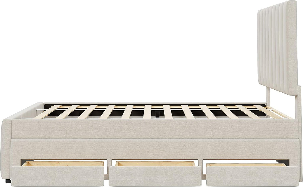 Full Size Bed Frame with Twin Trundle Bed and Storage Drawers,Linen Upholstered Bed Frame,Full Size Trundle Bed with Adjustable Headboard for Kids Teens Adults,Beige
