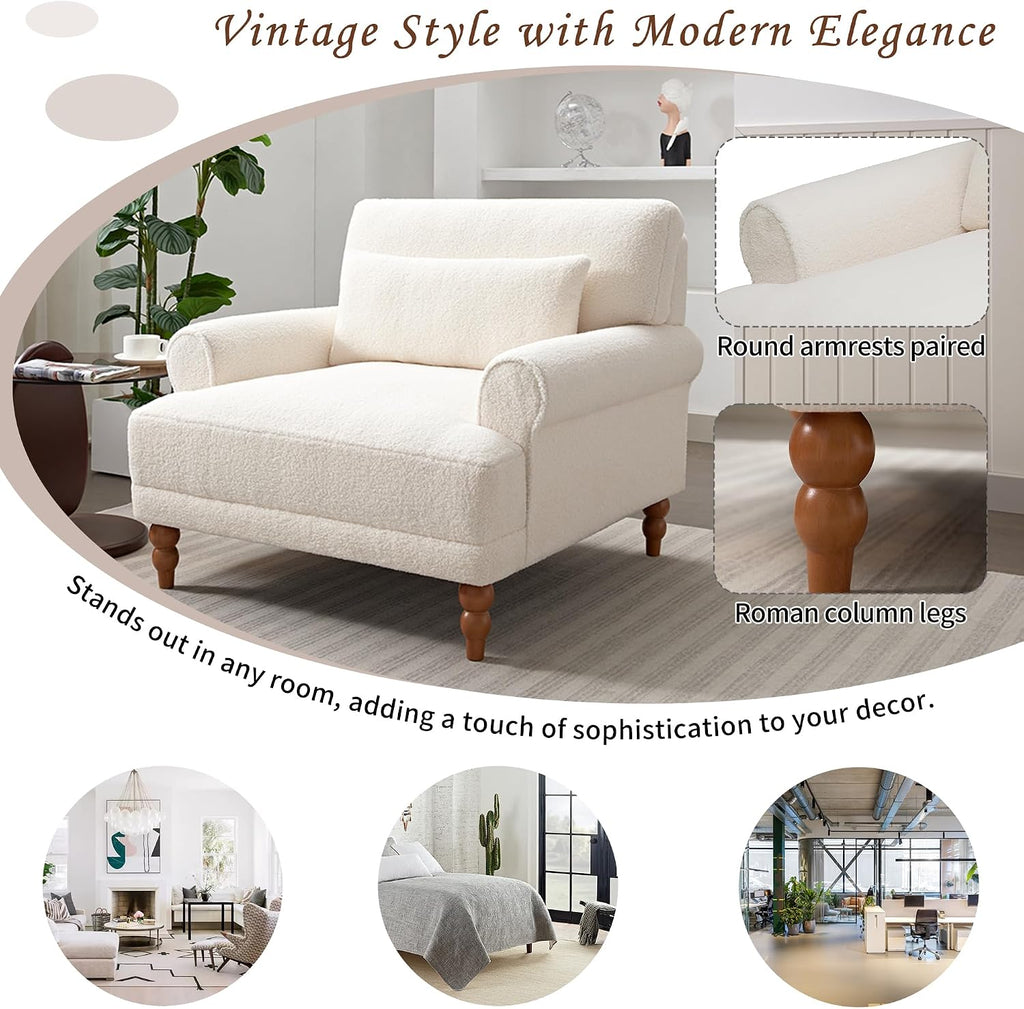 Accent Chair, Boucle Club Chair, Upholstered Lounge Chair, Large Size Armchair Roman Column Legs, Cozy Reading Single Sofa Chair for Living Room, Bedroom, Home Study, White