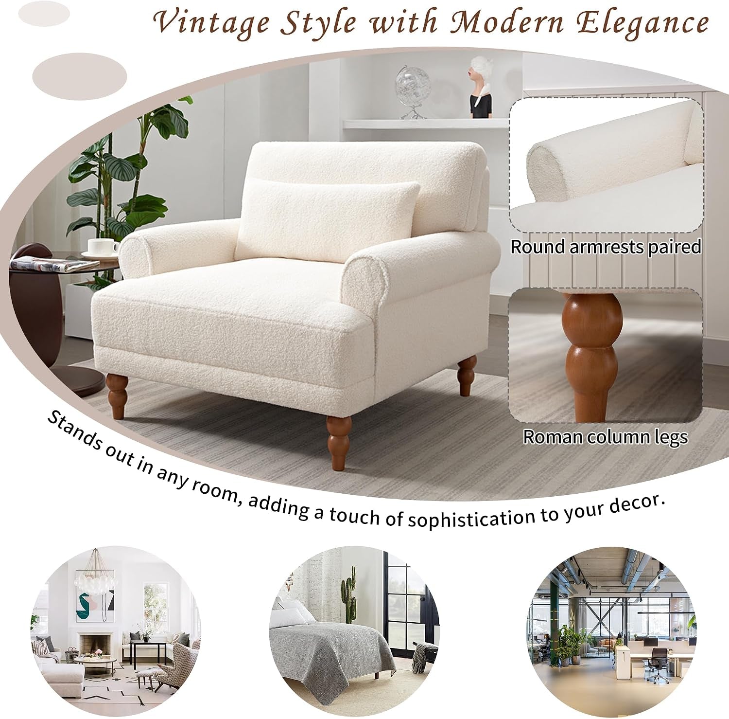 Accent Chair, Boucle Club Chair, Upholstered Lounge Chair, Large Size Armchair Roman Column Legs, Cozy Reading Single Sofa Chair for Living Room, Bedroom, Home Study, White
