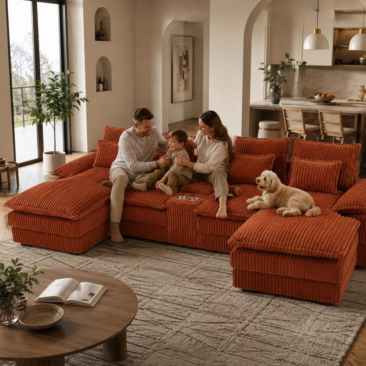 120" 5-Piece U-Shaped Sofa, Modular Sectional with Console & USB Ports, Cloud-Like Corduroy Couch for Living Room or Office