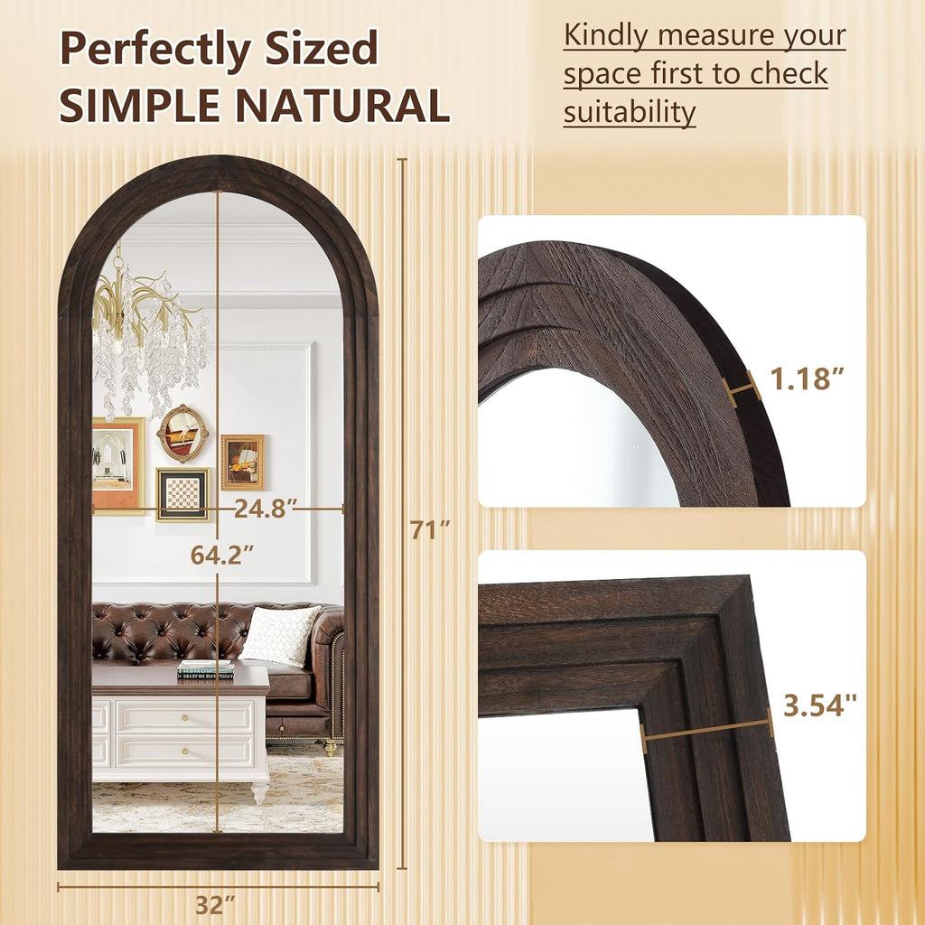 Large Arched Wood Mirror Full Length, 71"X32" Rustic Floor Mirror | Farmhouse with Stand, for Bedroom Living Room Dressing Room Entryway, Free Standing Leaning or Wall Mounted, Brown