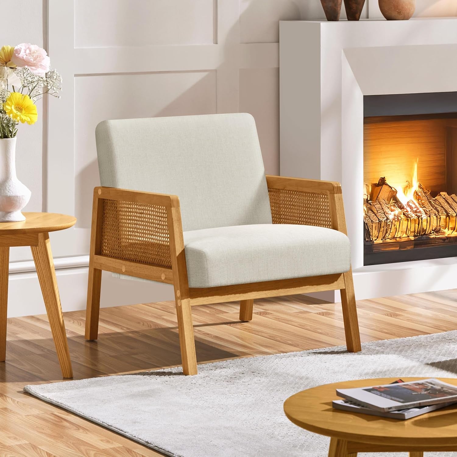 Yaheetech Rattan Accent Chair, Boho Vintage Armchair, Beige | Boucle Fabric Chair, Upholstered Reading Chair with Wood Armrest and Legs for Living Room Bedroom Reception Waiting Room