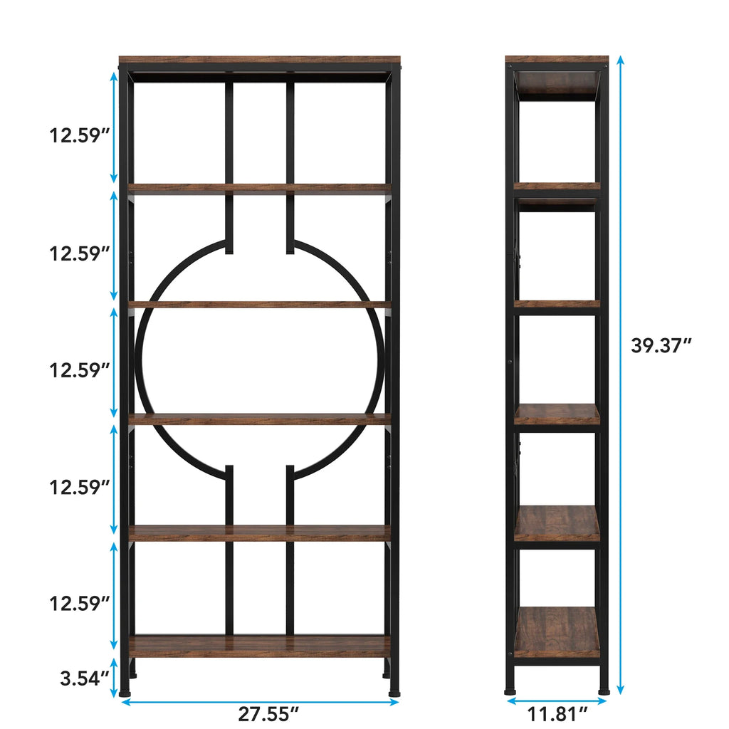Industrial Bookshelf, Tall Bookcase with Open Shelves, Wood and Metal Display Shelf Storage Shelves