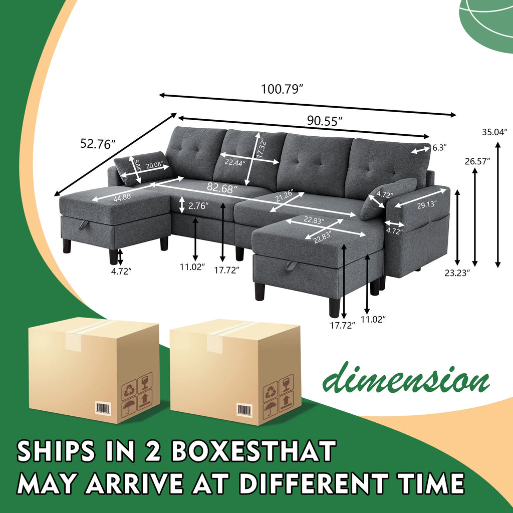 Modern Sectional Sofa with Reversible Chaise, Adjustable Backrest & Armrest, 4-Seat Convertible Couch