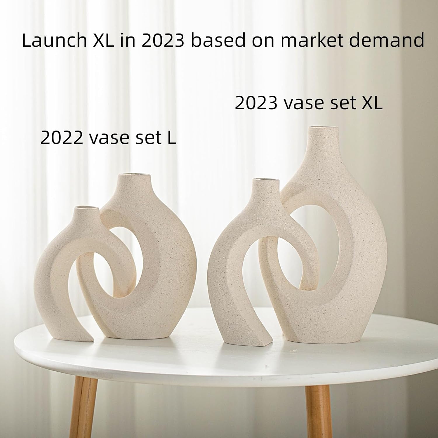 Snuggle Hollow Ceramic Vase Set of 2 for Boho Nordic Modern Decor | round Mid Century Aesthetic Decorative Vases for Home Decor Living Room Kitchen Book Shelf Decorations (Cream W 6.8" X H 11")