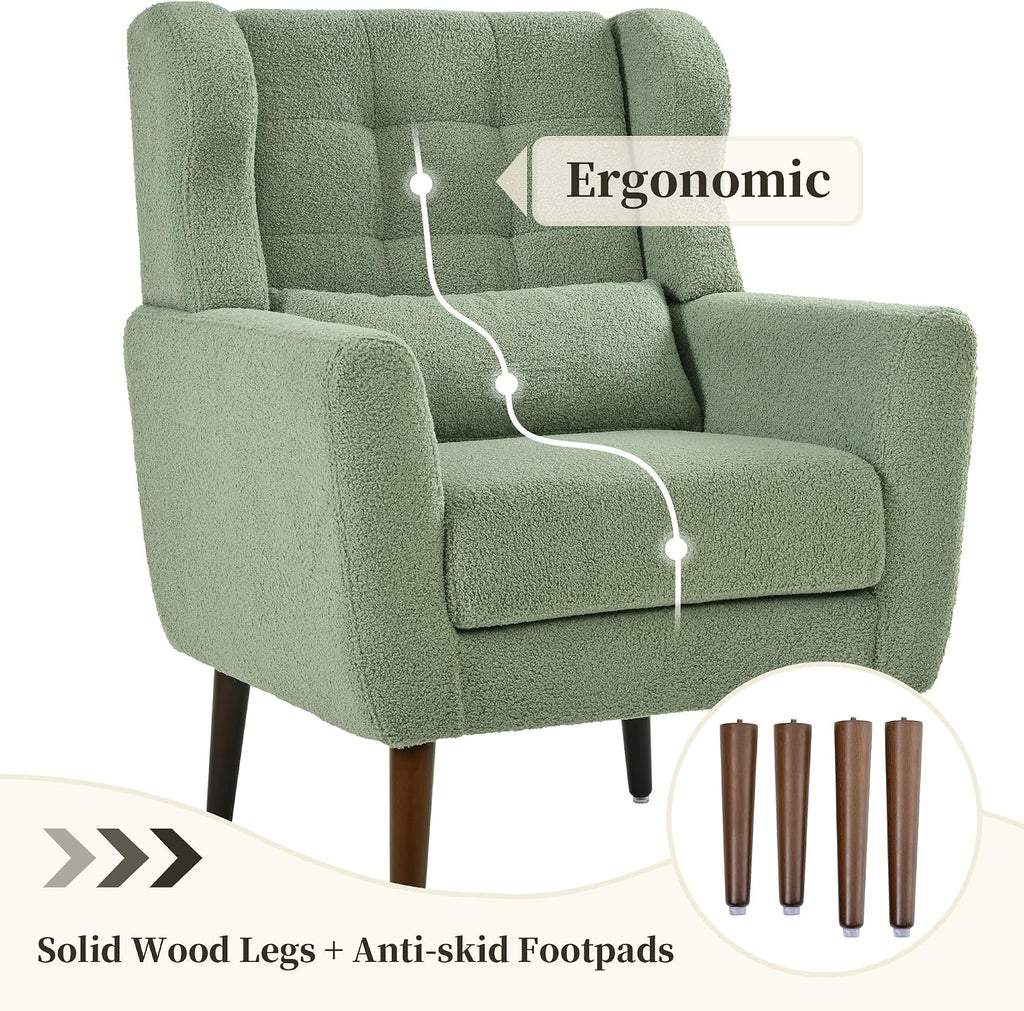 Modern Accent Chair Teddy Fabric Armchair with Pillow, Solid Wood Legs & High-Density Foam Filled, Soft Padded Lounge Chair Mid Century Reading Chair for Living Room, Bedroom, Light Green