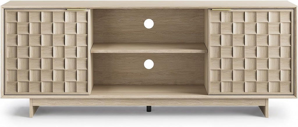 Sunwashed Oak TV Stand for 65 Inch TV, Modern Japandi Entertainment Center with 45° Slim Frame, 59" Scandinavian TV Console Table with Embossed Doors, Media Storage Cabinet, Light Wood Color