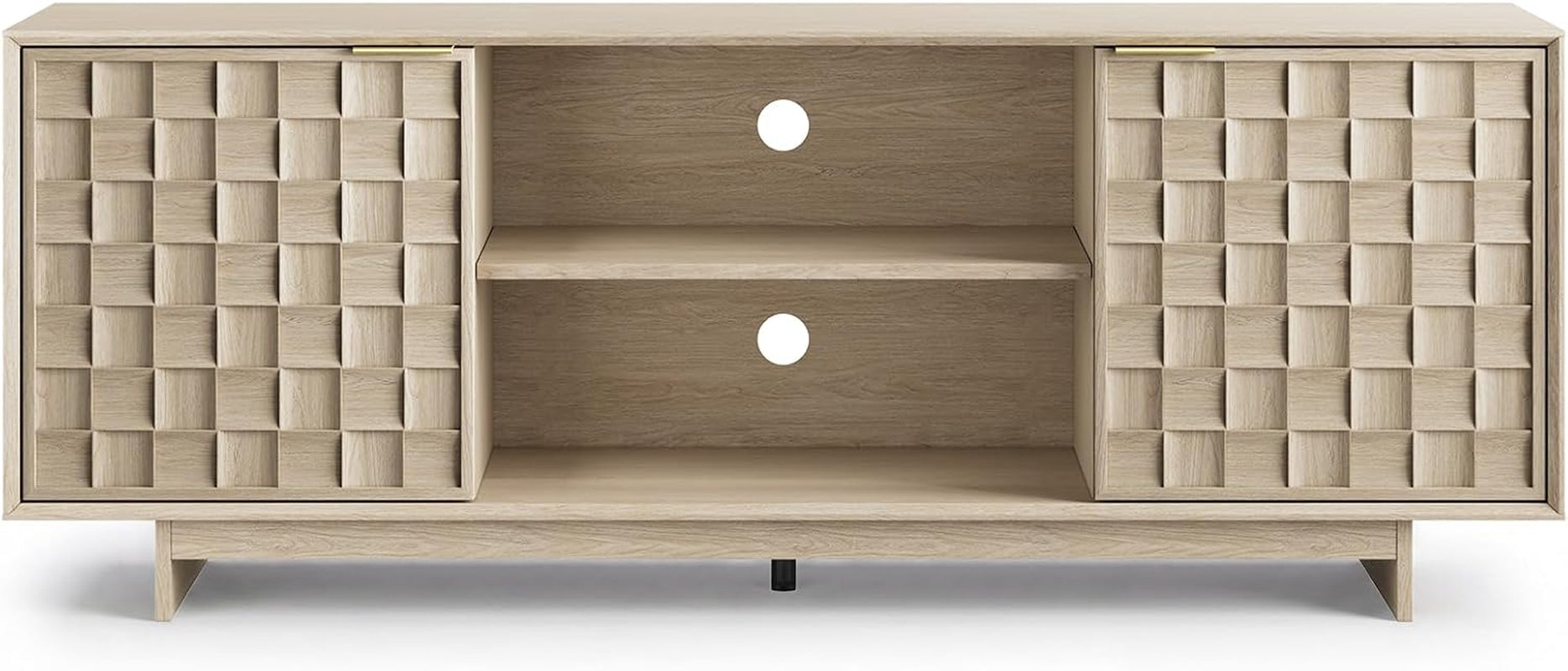 Sunwashed Oak TV Stand for 65 Inch TV, Modern Japandi Entertainment Center with 45° Slim Frame, 59" Scandinavian TV Console Table with Embossed Doors, Media Storage Cabinet, Light Wood Color