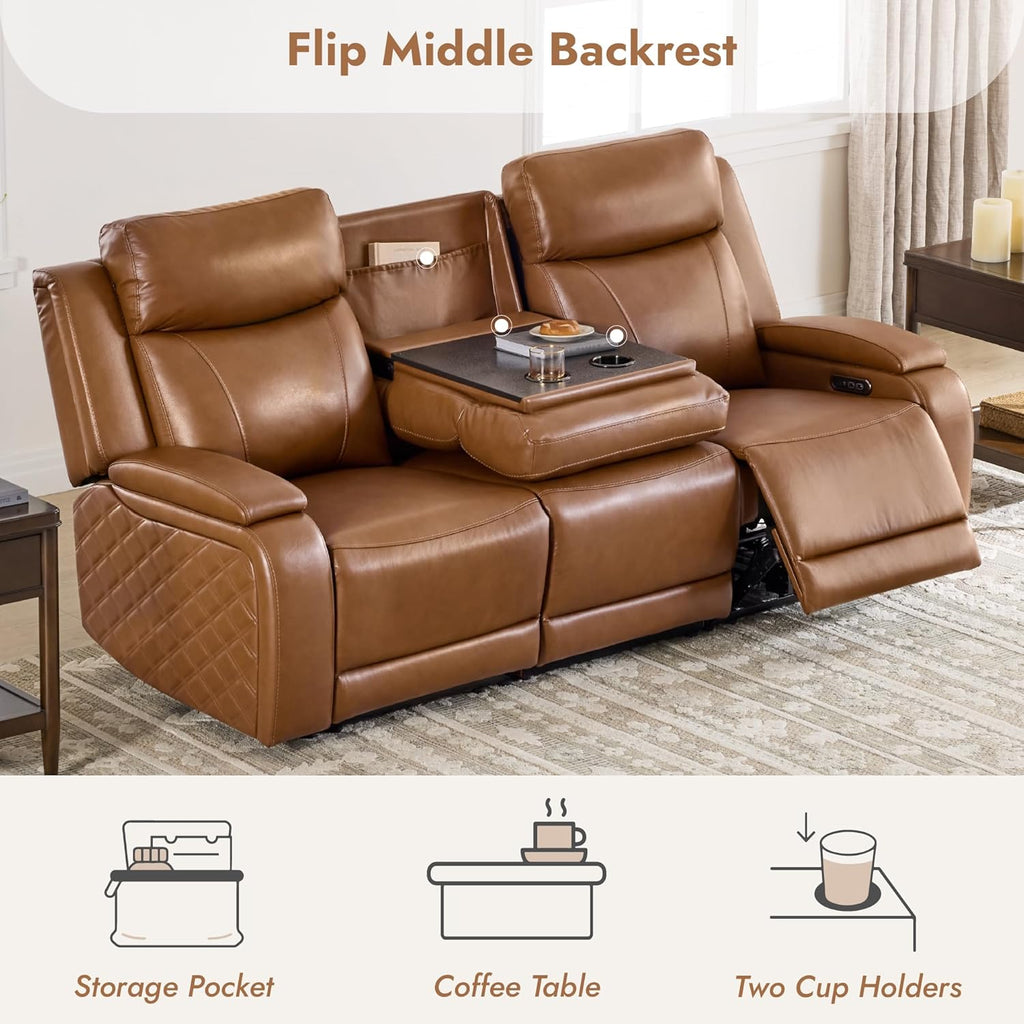 Zero Gravity Power Reclining Sofa with Console, Saddle | Genuine Leather Recliner Sofa, 3-Seater Couch, Flip-Middle Table, Storage Console, Power Headrests, Cup Holders, Living Room