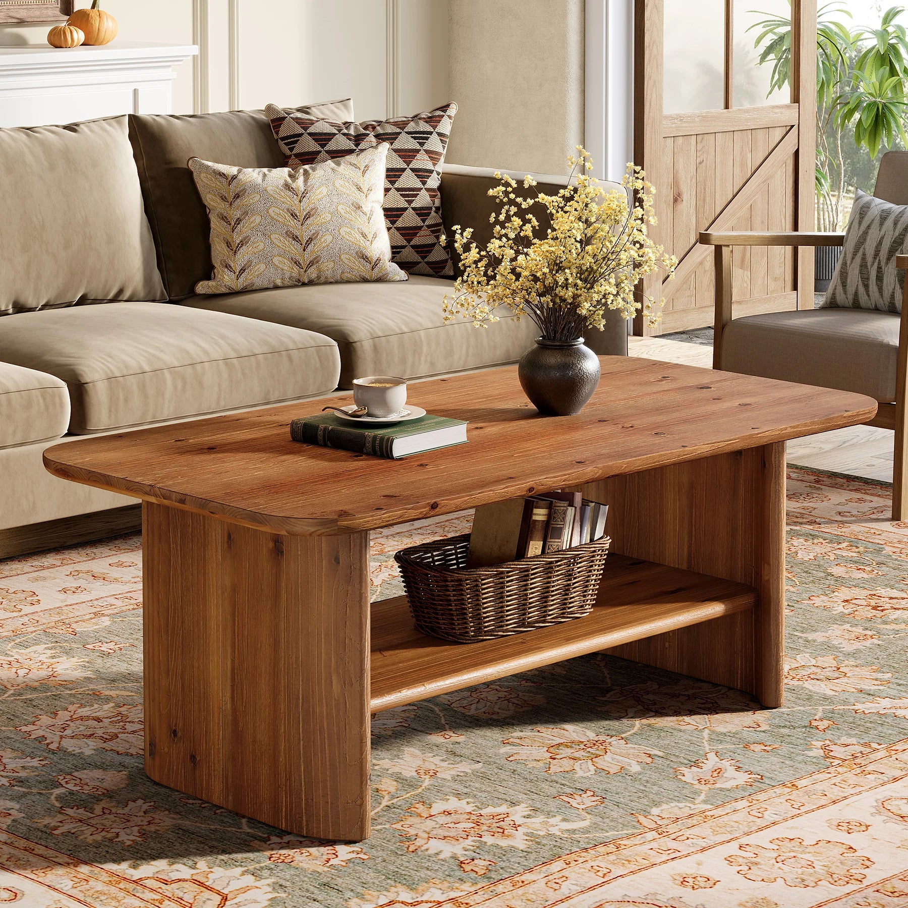 Solid Wood Coffee Table for Living Room, 47.24" Rectangle Coffee Table with Storage, 2-Tier Farmhouse Center Furniture for Home, Apartment, Office, Brown