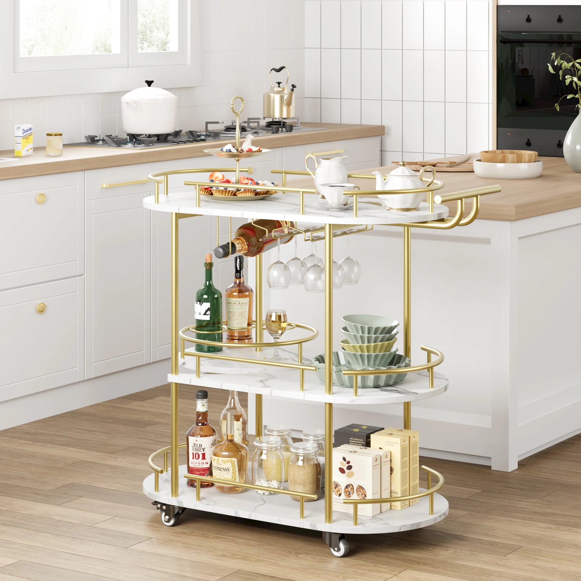 Gold Bar Cart 3 Tier Bar Carts for the Home Rotated Bar Cart Gold with Wine Rack and Glass Holder, Bar Serving Cart with Wheel