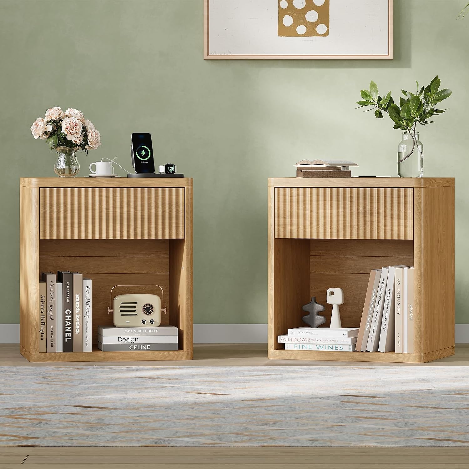 Fluted Nightstand Set of 2 with Charging Station, 21.7" Wide Modern Bedside Table with 1 Drawers Open Storage Cabinet, Wooden End Table for Bedroom, Natural Oak