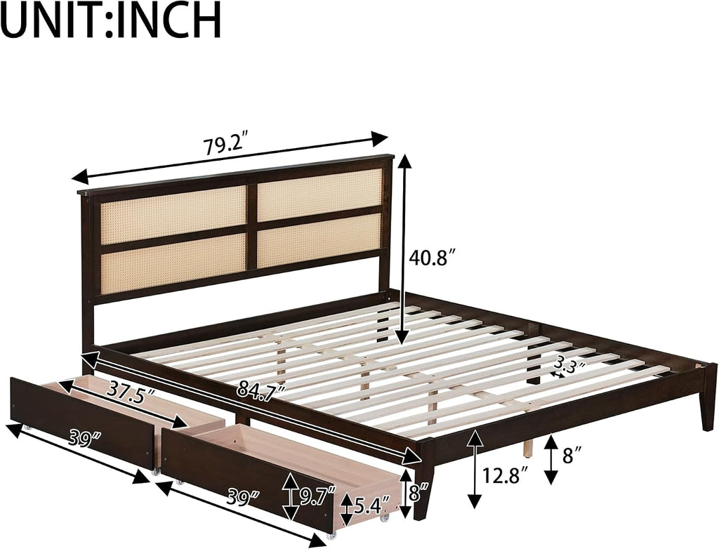 King Size Wood Platform Bed Frame with Rattan Headboard, 2 Storage Drawers, Modern Style Bed with Solid Wooden Slats, Easy Assembly, No Box Spring Required, for Bedroom, Guest Room, Espresso
