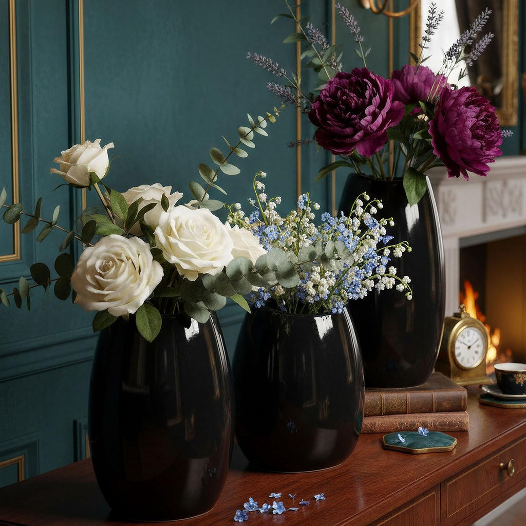 Ceramic Vase Set of 3 Black Flower Vase for Home Decor, Modern Decorative Vase for Flowers/Ideal Shelf Decor/Table/Living Room/Kitchen/Office-Black
