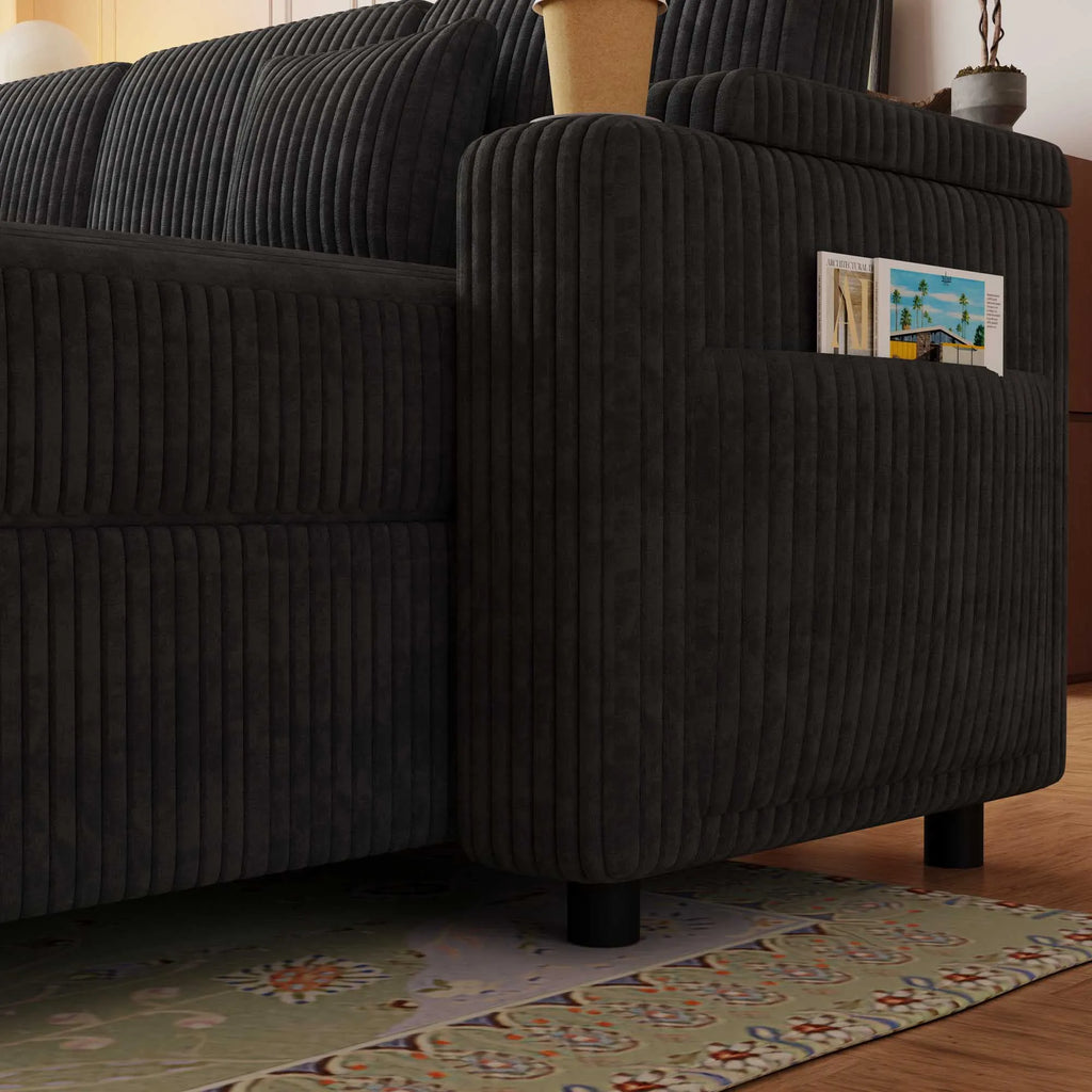 Dark gray corduroy U shaped sleeper sectional