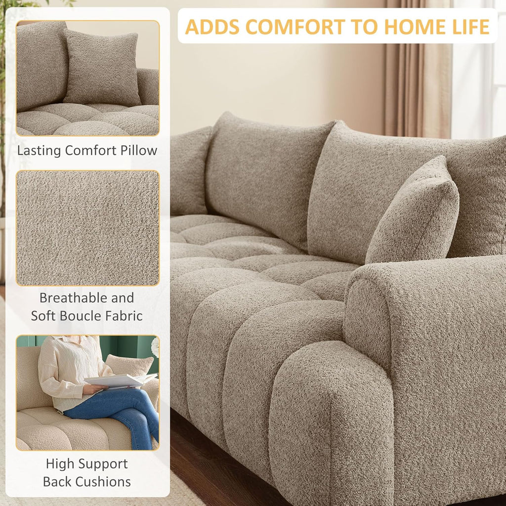 91" Boucle Tufted Sofa, 3 Seater Cloud Couch with Pillows, Camel | Upholstered Cloud Couches, Modern Deep Seat Sherpa Couch for Living Room, Bedroom, Apartment, Comfy Sofa with Back Pillows