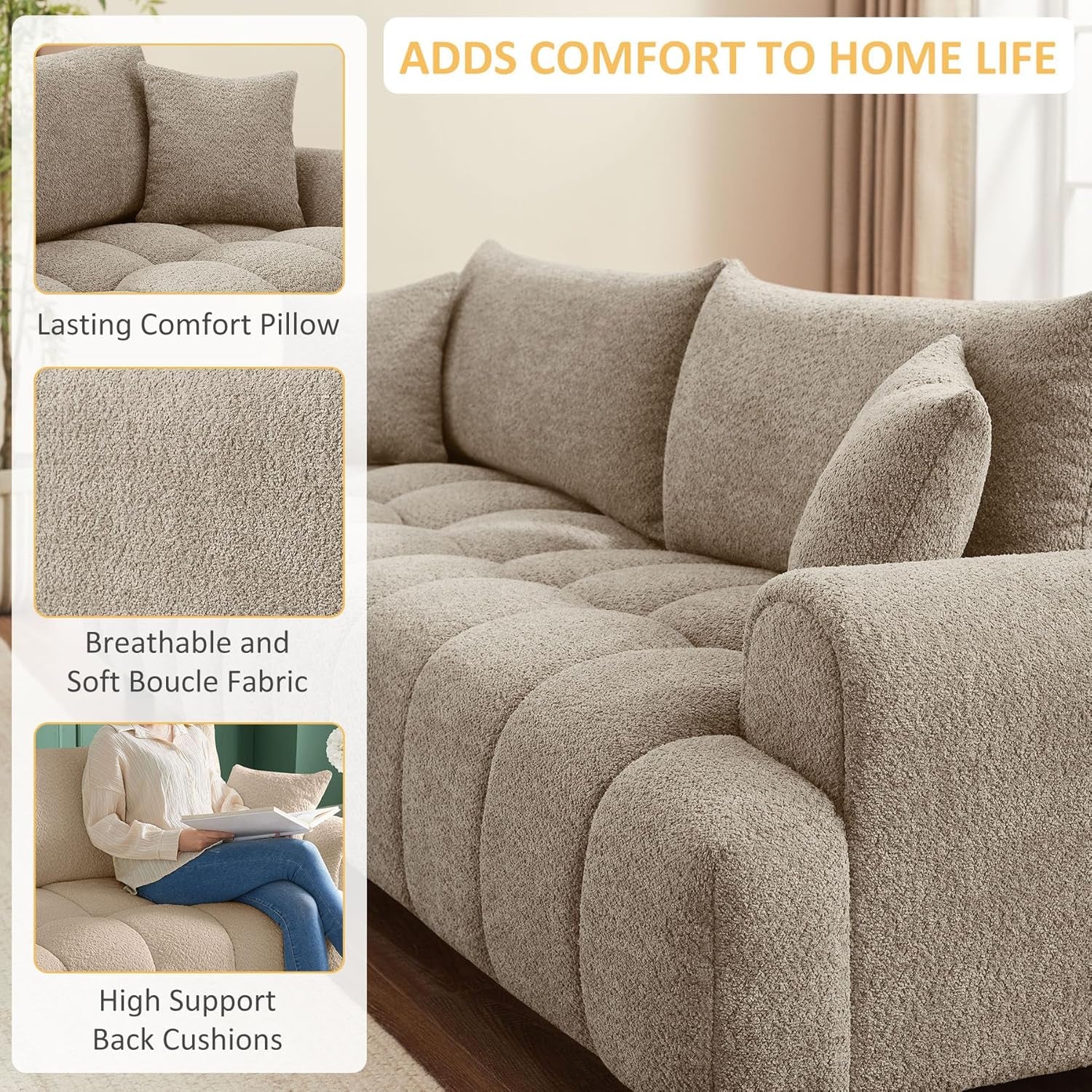 91" Boucle Tufted Sofa, 3 Seater Cloud Couch with Pillows, Camel | Upholstered Cloud Couches, Modern Deep Seat Sherpa Couch for Living Room, Bedroom, Apartment, Comfy Sofa with Back Pillows