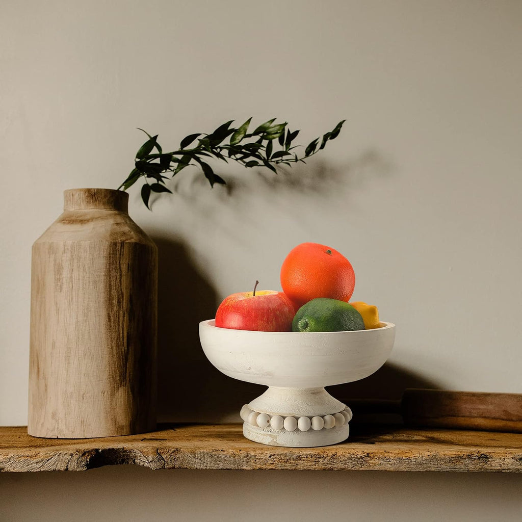 Wood Pedestal Decorative Bowl 8 Inch Wooden Distressed Beaded Bowl for Dining Table Centerpiece, Farmhouse, Serving and Home Décor(White)