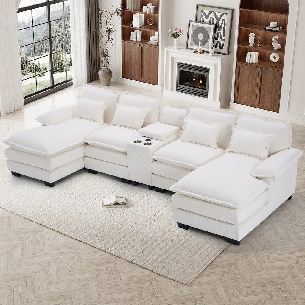 133" U Shaped Cloud Couch Modular Sectional Couches for Living Room Fluffy Chenille Deep Seat Sofa Set with Double Chaise Lounge, Storage Central Console, Cup Holders, USB Port, Beige White