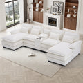 133" U Shaped Cloud Couch Modular Sectional Couches for Living Room Fluffy Chenille Deep Seat Sofa Set with Double Chaise Lounge, Storage Central Console, Cup Holders, USB Port, Beige White