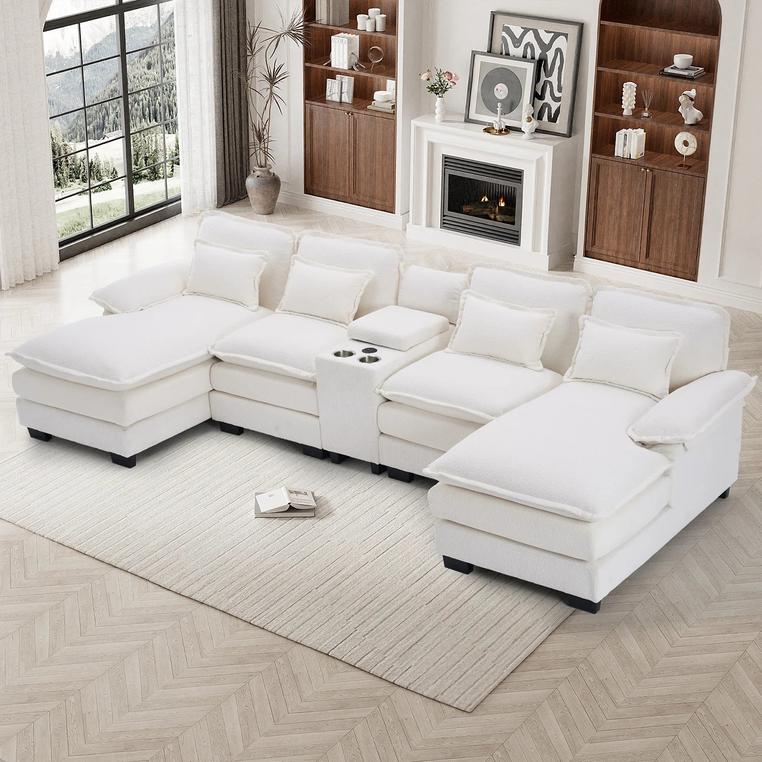 133" U Shaped Cloud Couch Modular Sectional Couches for Living Room Fluffy Chenille Deep Seat Sofa Set with Double Chaise Lounge, Storage Central Console, Cup Holders, USB Port, Beige White