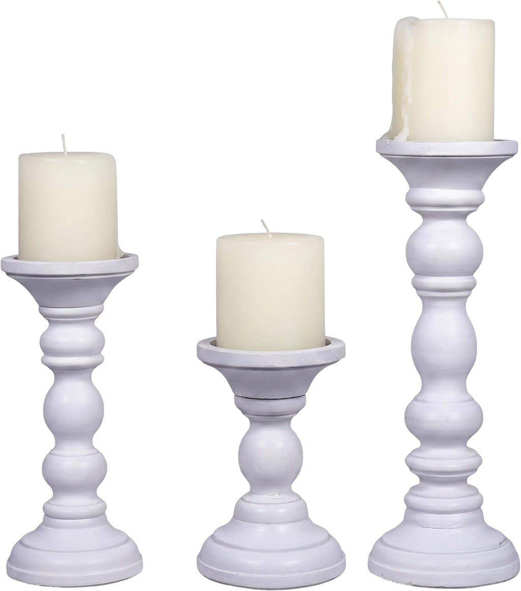 Willow Mango Wood Candle Holders - Matte White, Set of 3 | 6", 9" and 12" Hand-Carved Candle Holders for Table, Mantel and Living Room Décor Featuring Detailed Artisan Styling.
