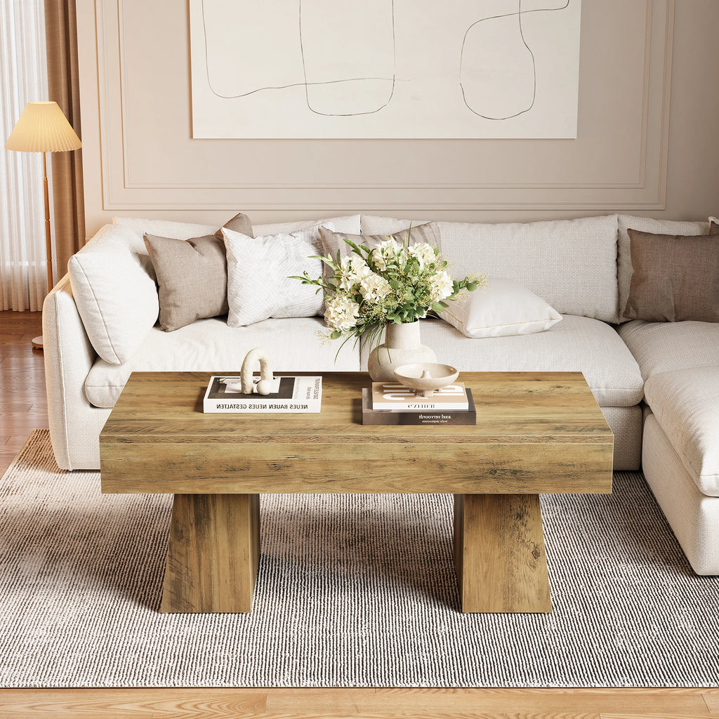Vintage Coffee Table, 120Cm Wooden Accent Center Tables with Thick Base, Modern Low Cocktail Tea Furniture For