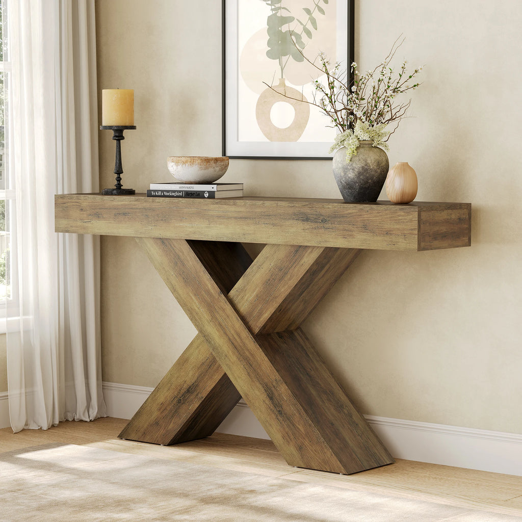 Narrow Console Table, 140 Cm Country-Style Entryway Table, X-Shaped Coffee Table behind the Sofa for Living Room, Entrance Area, Foyer, Hallway, Rustic Brown
