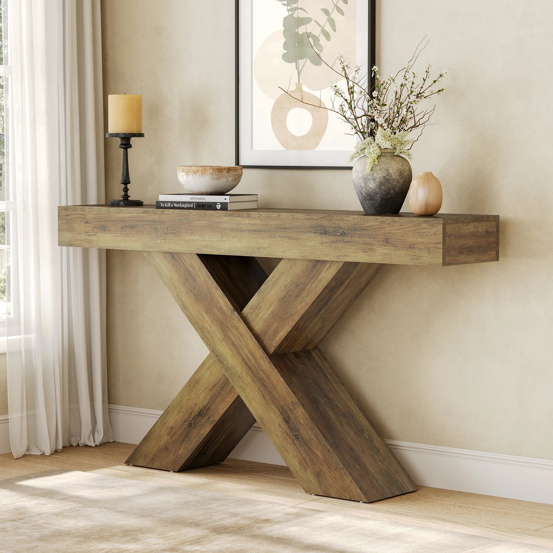 Narrow Console Table, 140 Cm Country-Style Entryway Table, X-Shaped Coffee Table behind the Sofa for Living Room, Entrance Area, Foyer, Hallway, Rustic Brown