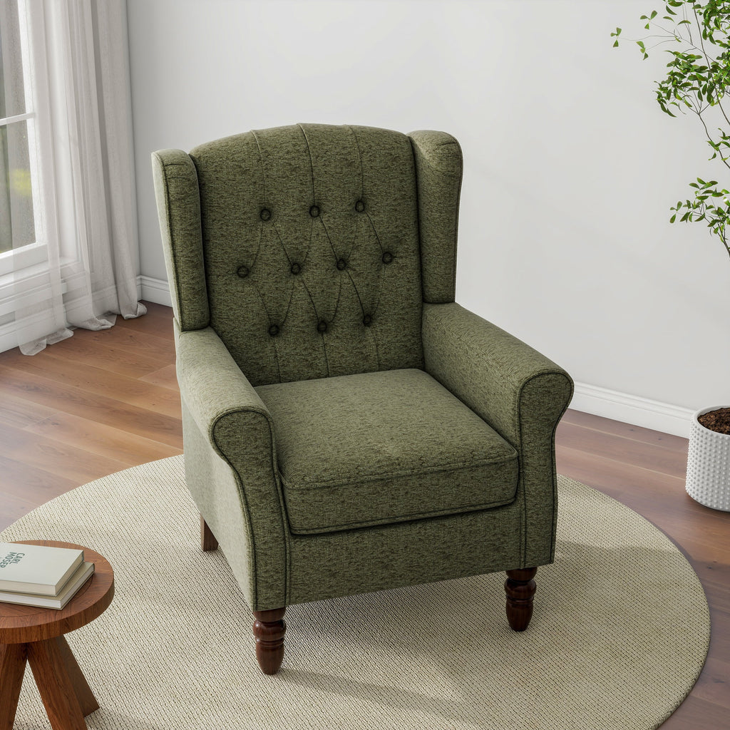 Wingback Accent Chair Upholstered Arm Chair High Back Chair Living Room with Solid Wood Frame, Tufted Green