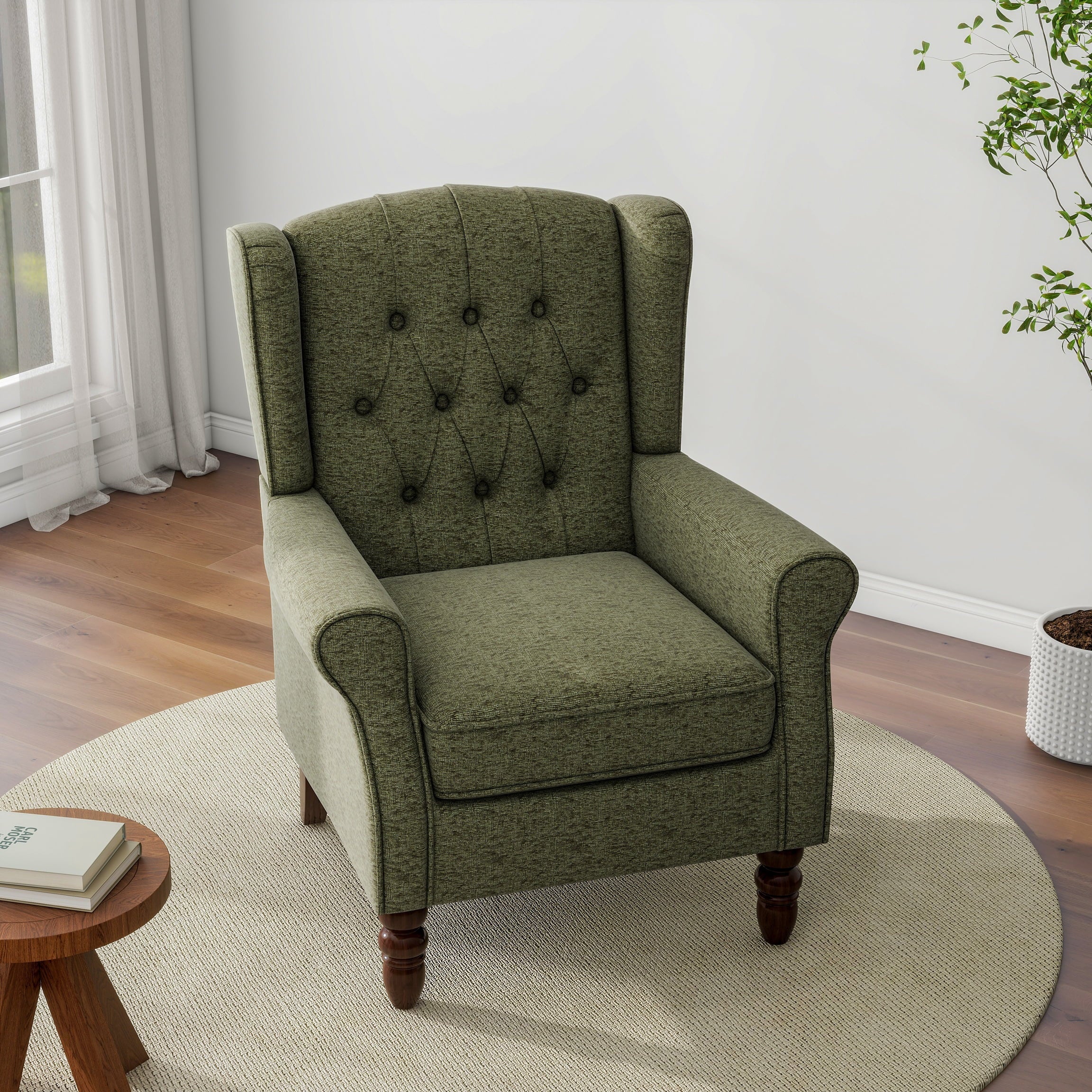 Wingback Accent Chair Upholstered Arm Chair High Back Chair Living Room with Solid Wood Frame, Tufted Green