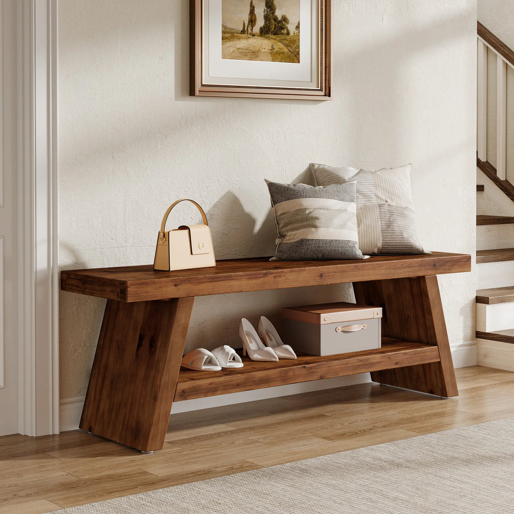 Tribesigns Solid Wood Entryway Bench, 2-Tier Wooden Storage Bench, Farmhouse Indoor Shoe Bench Seat for Entry, Living Room, Dining Room, Bedroom (Brown)