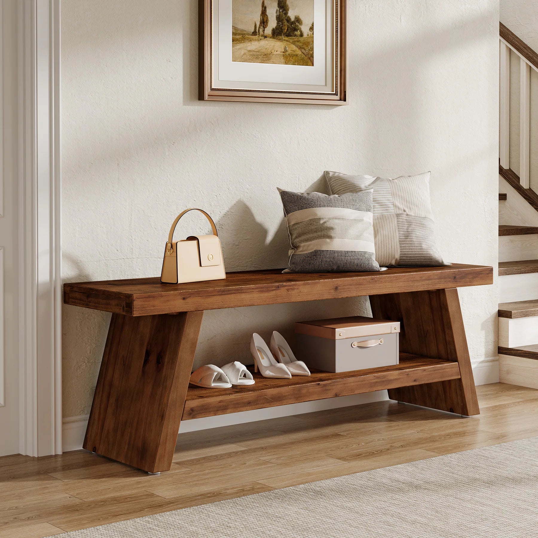 Tribesigns Solid Wood Entryway Bench, 2-Tier Wooden Storage Bench, Farmhouse Indoor Shoe Bench Seat for Entry, Living Room, Dining Room, Bedroom (Brown)