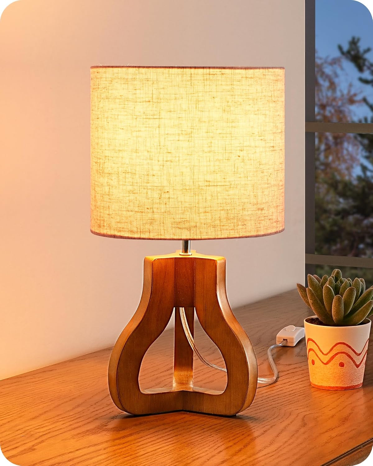 14.6" Modern Table Lamp, Rose Wood Base Nightstand Lamp, E26 Base | Beige Linen Shade, On-Off Line Switch, Small Cute Bedside Lamp for Living Room, Bedroom, Office