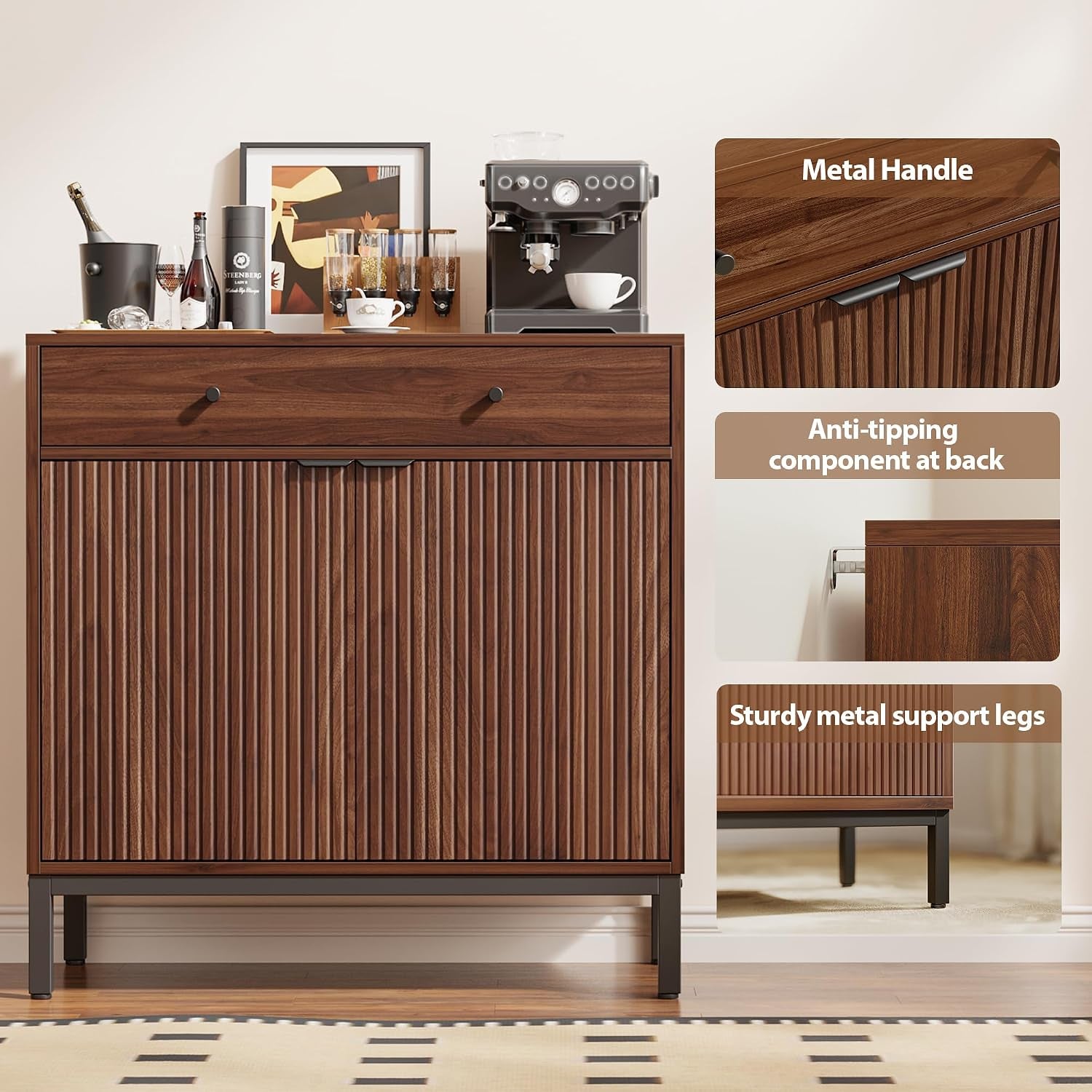 Sideboard Buffet Cabinet Storage, Modern Wood Console Fluted Credenza