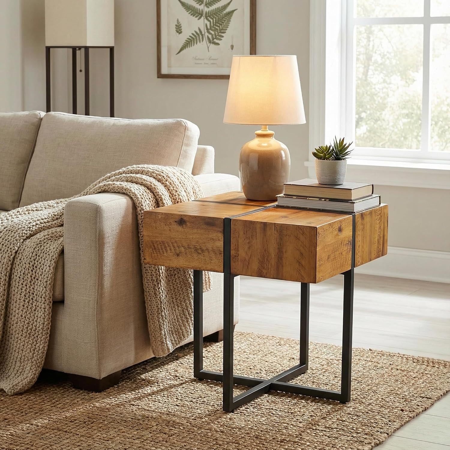 Landon End Table, Solid Wood with Black Metal Frame