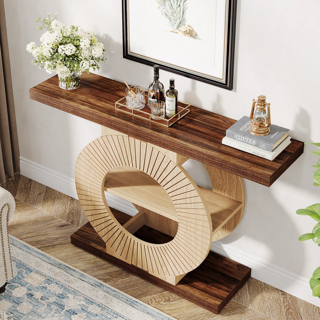 Console Table with Storage, Entryway Sofa Table with Shelves and Circle Base for Living Room Hallway